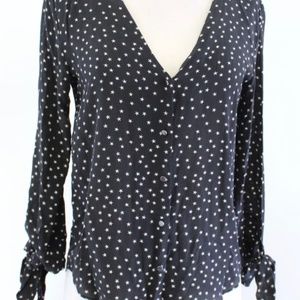 Madewell Black Silk Star Scatter Print Tie Sleeve Top Blouse Size S V Neck